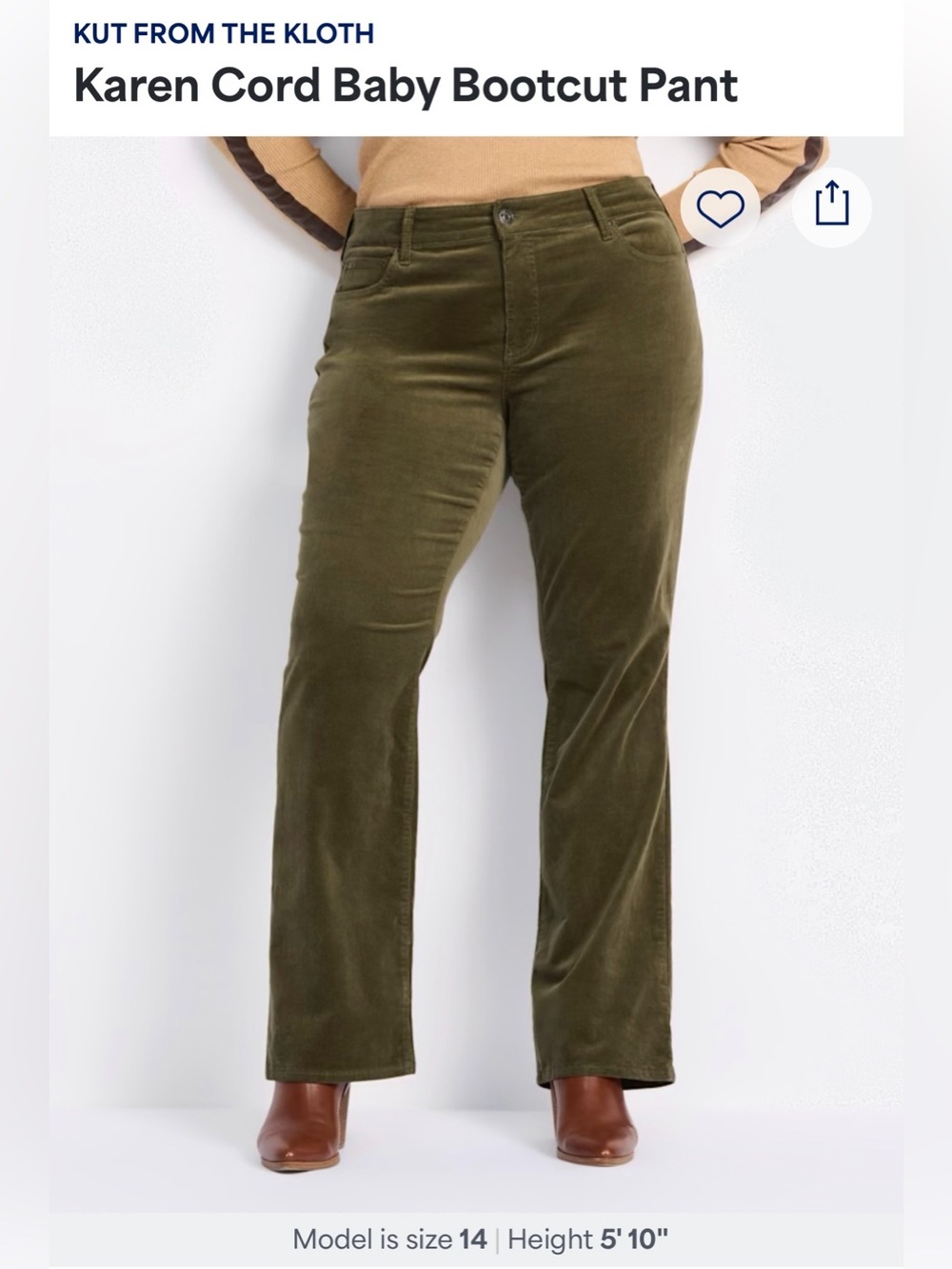 Kut from the Kloth Karen Baby Bootcut Olive Corduroy Pants Size 24W